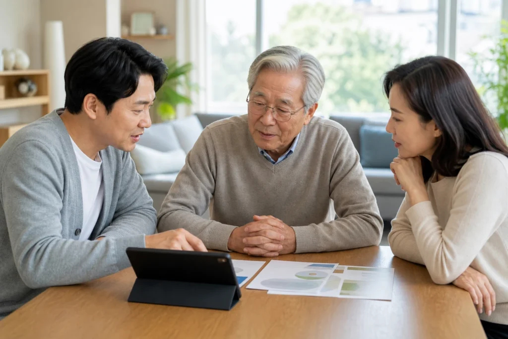 간병인 하루 비용 선택 기준을 가족이 검토하는 장면