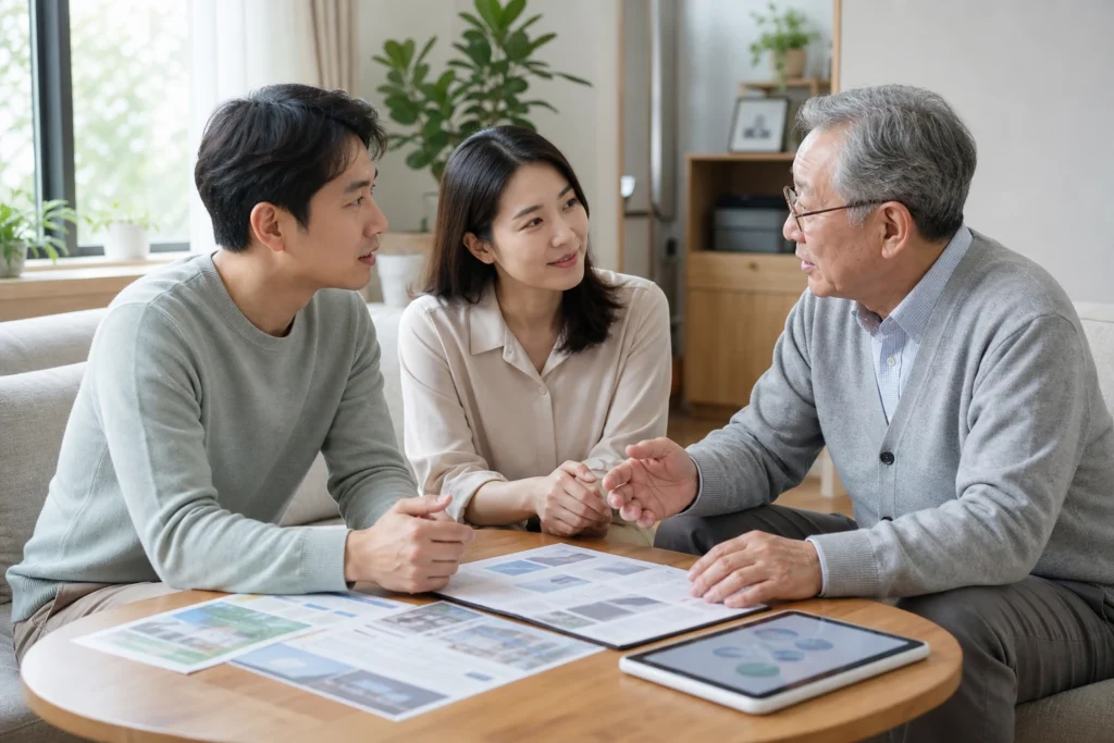 공동간병인 비용 선택 기준을 가족이 검토하는 장면